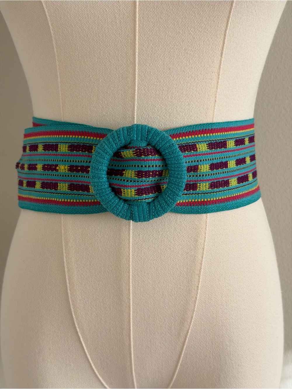 Boho Turquoise Multicolor Woven Wide Waist Belt with Covered Round Buckle ~ S